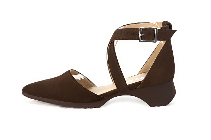 Dress heels closed-back crossed straps in dark brown leather with  and  - Profile view